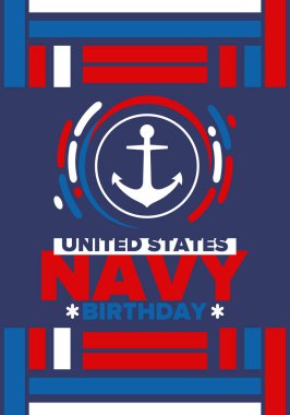 ABD Donanması doğum günü. Amerika 'da tatil. Amerikan Donanması - Silahlı Kuvvetler 'in deniz harp kolu. 13 Ekim 'de yıllık kutlama. Çapa sembolü. Vatansever unsurlar. Poster, kart, pankart. Vektör