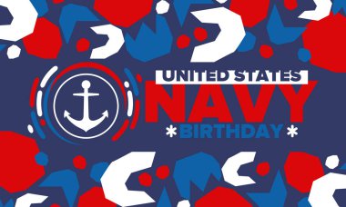 ABD Donanması doğum günü. Amerika 'da tatil. Amerikan Donanması - Silahlı Kuvvetler 'in deniz harp kolu. 13 Ekim 'de yıllık kutlama. Çapa sembolü. Vatansever unsurlar. Poster, kart, pankart. Vektör