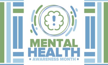 Mayıs 'ta Akıl Sağlığı Bilinci Ayı. Birleşik Devletler 'de yıllık kampanya. Akıl sağlığıyla ilgili farkındalığı arttırıyorum. Kontrol ve koruma. Önleme kampanyası. Tıbbi sağlık hizmeti tasarımı. Vektör illüstrasyonu