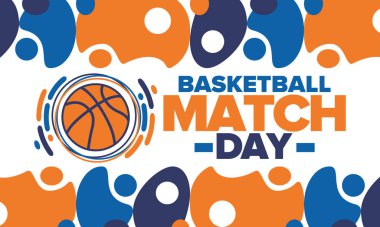 Basketbol Maçı Günü. Mart 'ta play-off var. Amerika 'da süper spor partisi. Sezon şampiyonluğunun son maçları. Profesyonel takım turnuvası. Basketbol topu. Spor afişi. Vektör illüstrasyonu