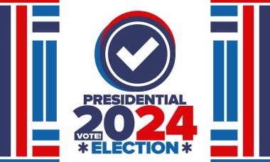 Birleşik Devletler 'de 2024 Başkanlık Seçimi. Oylama günü, 5 Kasım. Amerikan seçim kampanyası. Seçimini yap! Vatansever Amerikan vektör illüstrasyonu. Poster, kart, afiş ve arkaplan