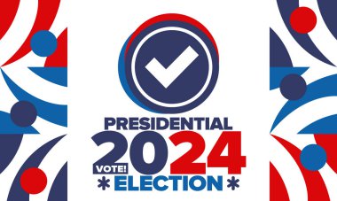 Birleşik Devletler 'de 2024 Başkanlık Seçimi. Oylama günü, 5 Kasım. Amerikan seçim kampanyası. Seçimini yap! Vatansever Amerikan vektör illüstrasyonu. Poster, kart, afiş ve arkaplan