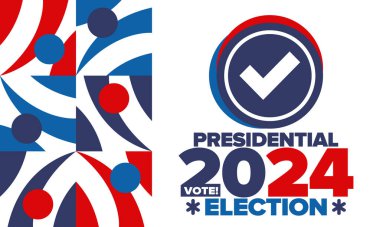 Birleşik Devletler 'de 2024 Başkanlık Seçimi. Oylama günü, 5 Kasım. Amerikan seçim kampanyası. Seçimini yap! Vatansever Amerikan vektör illüstrasyonu. Poster, kart, afiş ve arkaplan