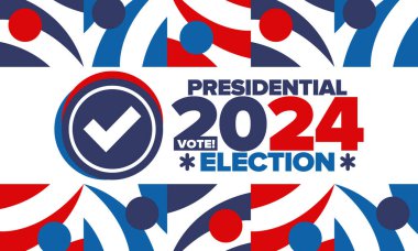 Birleşik Devletler 'de 2024 Başkanlık Seçimi. Oylama günü, 5 Kasım. Amerikan seçim kampanyası. Seçimini yap! Vatansever Amerikan vektör illüstrasyonu. Poster, kart, afiş ve arkaplan