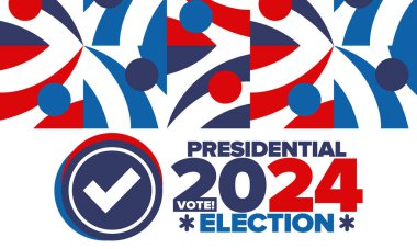 Birleşik Devletler 'de 2024 Başkanlık Seçimi. Oylama günü, 5 Kasım. Amerikan seçim kampanyası. Seçimini yap! Vatansever Amerikan vektör illüstrasyonu. Poster, kart, afiş ve arkaplan