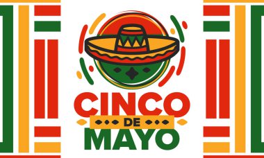 Meksika 'da Cinco de Mayo. Mayıs ayındaki geleneksel Meksika şenliği. Karnaval, festival ve geçit töreniyle ulusal mutlu bayramlar. Latin Amerika ve İspanyol tarzı. Sombrero ile illüstrasyon. Vektör posteri