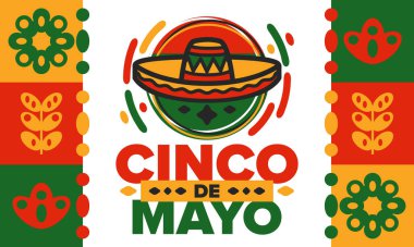 Meksika 'da Cinco de Mayo. Mayıs ayındaki geleneksel Meksika şenliği. Karnaval, festival ve geçit töreniyle ulusal mutlu bayramlar. Latin Amerika ve İspanyol tarzı. Sombrero ile illüstrasyon. Vektör posteri
