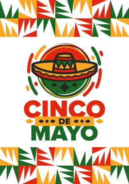 Meksika 'da Cinco de Mayo. Mayıs ayındaki geleneksel Meksika şenliği. Karnaval, festival ve geçit töreniyle ulusal mutlu bayramlar. Latin Amerika ve İspanyol tarzı. Sombrero ile illüstrasyon. Vektör posteri