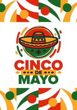 Meksika 'da Cinco de Mayo. Mayıs ayındaki geleneksel Meksika şenliği. Karnaval, festival ve geçit töreniyle ulusal mutlu bayramlar. Latin Amerika ve İspanyol tarzı. Sombrero ile illüstrasyon. Vektör posteri