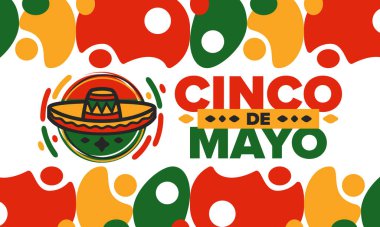 Meksika 'da Cinco de Mayo. Mayıs ayındaki geleneksel Meksika şenliği. Karnaval, festival ve geçit töreniyle ulusal mutlu bayramlar. Latin Amerika ve İspanyol tarzı. Sombrero ile illüstrasyon. Vektör posteri