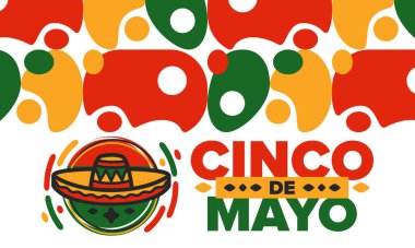 Meksika 'da Cinco de Mayo. Mayıs ayındaki geleneksel Meksika şenliği. Karnaval, festival ve geçit töreniyle ulusal mutlu bayramlar. Latin Amerika ve İspanyol tarzı. Sombrero ile illüstrasyon. Vektör posteri