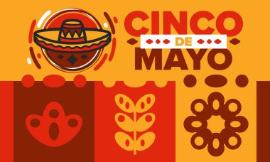 Meksika 'da Cinco de Mayo. Mayıs ayındaki geleneksel Meksika şenliği. Karnaval, festival ve geçit töreniyle ulusal mutlu bayramlar. Latin Amerika ve İspanyol tarzı. Sombrero ile illüstrasyon. Vektör posteri