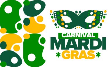 New Orleans 'taki Mardi Gras Karnavalı. Şişman Salı. Tören ve kutlamalarla geleneksel halk festivali. Yıllık tatil. Kostüm maskeli balosu, eğlenceli bir parti. Karnaval maskesi. Poster, kart, pankart. Vektör