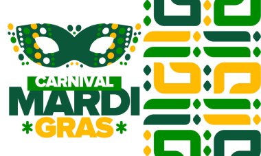 New Orleans 'taki Mardi Gras Karnavalı. Şişman Salı. Tören ve kutlamalarla geleneksel halk festivali. Yıllık tatil. Kostüm maskeli balosu, eğlenceli bir parti. Karnaval maskesi. Poster, kart, pankart. Vektör