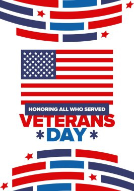 Birleşik Devletler 'de Gaziler Günü. Federal bayram, her yıl 11 Kasım 'da kutlanır. Hizmet eden herkesi onurlandırmak. Vatansever Amerikan askeri konsepti. Poster, kart, afiş ve geçmiş. Vektör illüstrasyonu