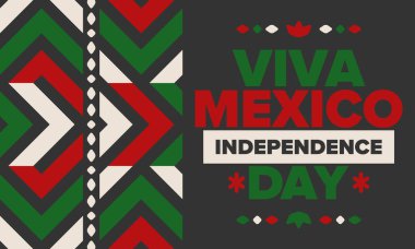 Yaşasın Meksika. Meksika Bağımsızlık Günü. İyi tatiller. Yıllığı 16 Eylül 'de kutlayın. Özgürlük günü. Vatansever Meksika tasarımı. Poster, kart, afiş, şablon, geçmiş. Vektör illüstrasyonu