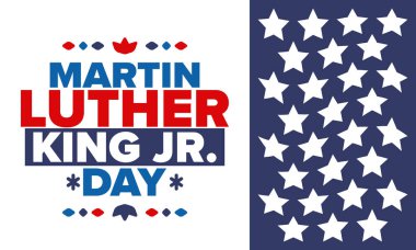 Martin Luther King, Jr. Günü. Ocak ayında Amerika 'da yıllık kutlama, federal bayram. Afrikalı Amerikan Hakları Savaşçısı. Vatansever Amerikan unsurları. Poster, kart, afiş, geçmiş. Vektör