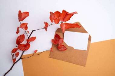 Sonbahar arka planında kâğıt zarflar. Yeni posta, bir mesaj yaz. Gönder ve al. Posta servisi. Boş zarf, boş alan. İnsanlarla iletişim, evrak işleri.