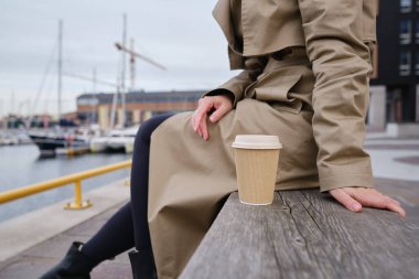 Kadın elinin içinde kahve olan kağıt bardak. Şehirde kahve içme zamanı. Paket kahve. Anın tadını çıkar, mola ver. Tek kullanımlık kağıt bardak yakın plan. Lezzetli sıcak içecek. Metin ve maket için boşluk alanı