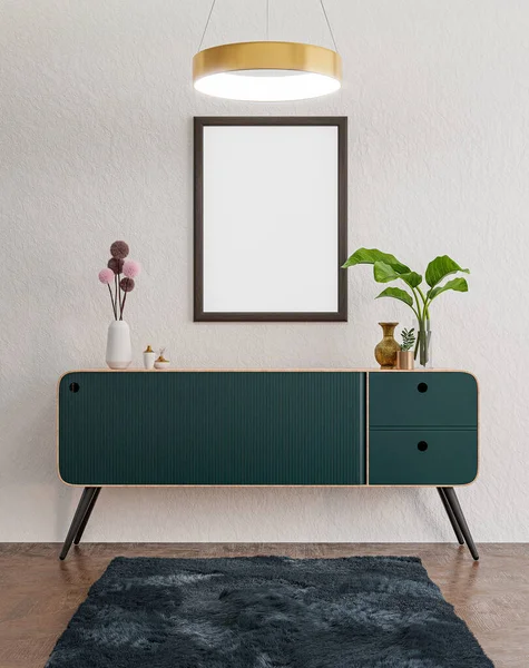 Beyaz duvarda asılı duran boş fotoğraf çerçevesi modeli. Yeşil Masa ve Bitki vazosu. Sanat, Poster Gösterimi. Modern İçler.
