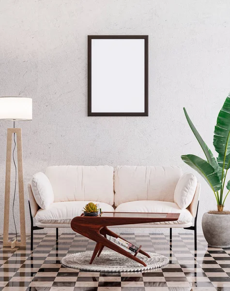 Beyaz duvar arkaplanına asılı boş fotoğraf çerçevesi modeli.