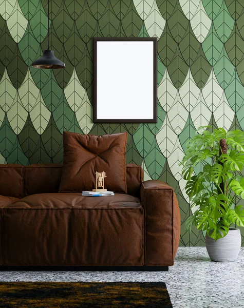 Dekoratif yeşil duvar arkaplanına asılı boş fotoğraf çerçevesi modeli.