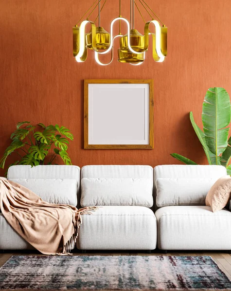 Boş fotoğraf çerçevesi, kahverengi duvar arkaplanına asılmış..