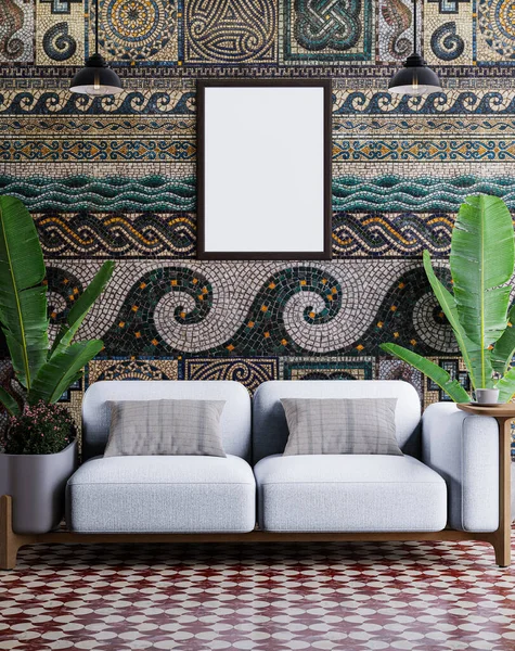 Dekoratif duvar arkaplanına asılı boş fotoğraf çerçevesi modeli.