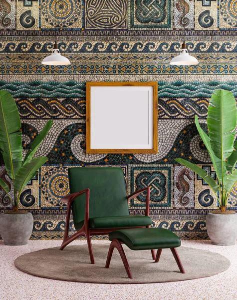 Dekoratif duvar arkaplanına asılı boş fotoğraf çerçevesi modeli.