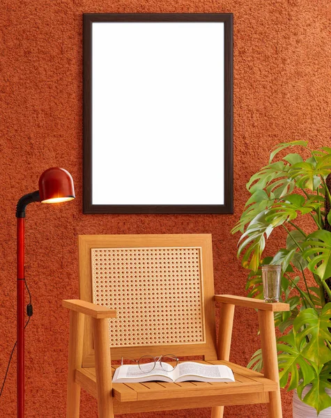 Boş fotoğraf çerçevesi, kahverengi duvar arkaplanına asılmış..