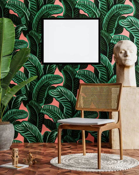 Boş fotoğraf çerçevesi tropikal bir duvar zemininde asılı..