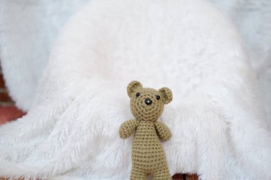 Beyaz arka planda oyuncağı olan oyuncak ayı, boşluğu kopyala