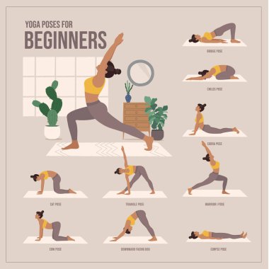 Yoga yeni başlayanlar için poz verir. Yoga yapan genç bir kadın. Kadın spor, aerobik ve egzersizler..
