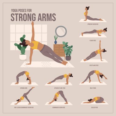Yoga güçlü kollar için poz verir. Yoga yapan genç bir kadın. Kadın spor, aerobik ve egzersizler..