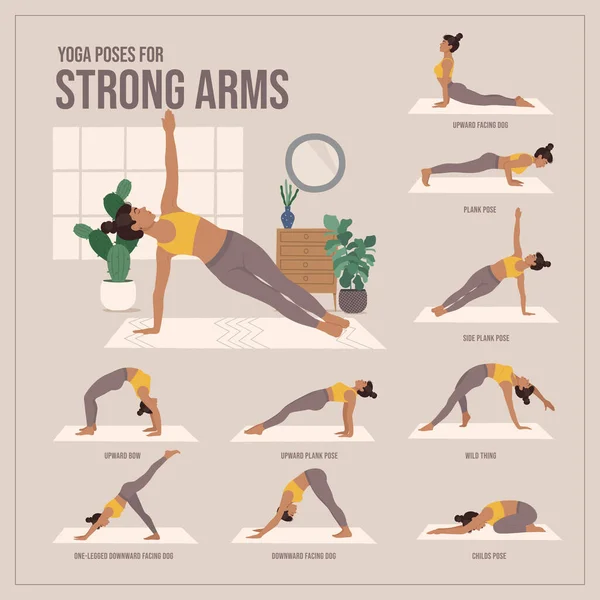 Yoga Poser För Starka Armar Ung Kvinna Som Utövar Yoga — Stock vektor