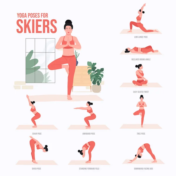 Posturas Yoga Para Esquiadores Mujer Joven Practicando Yoga Pose Entrenamiento — Vector de stock