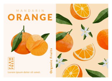 Mandarin turuncu ambalaj tasarım şablonları, suluboya biçim vektör çizimi.