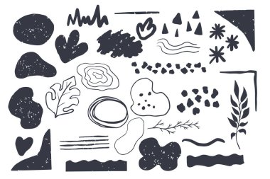 Moda estetik organik şekilleri, soyut küme elementlerini, beyaz arka planda izole bohem desenli koleksiyonu ayarla. Tasarım için minimum biçim ögesi. Vektör illüstrasyonu