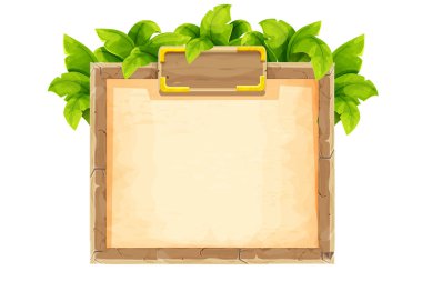 Tropikal yapraklarla süslenmiş eski parşömen ormanlarıyla kaplı taştan çerçeve sınırı. Karikatür tarzında antik ortaçağ tarzında, beyaz arka planda izole edilmiş. Oyun dekorasyonu, menü. Vektör illüstrasyonu