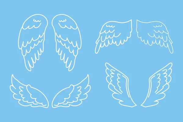セットエンジェルの翼は 青の背景に隔離された漫画のスタイルで白い色をアウトライン装飾のためのデザイン要素 ベクターイラスト — ストックベクタ