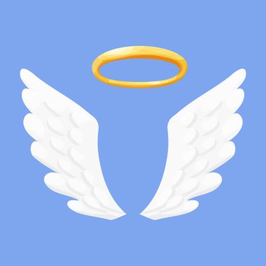 Angel wings white with halo, nimbus in cartoon style isolated on blue background, design element for decoration. Vector illustration clipart
