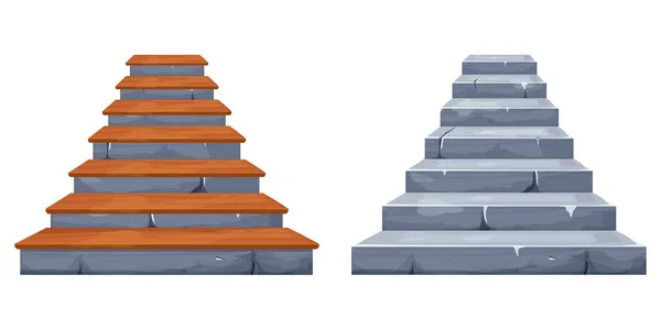 Set Kamenné Pohádkové Schody Schodiště Dřevěnou Výzdobou Středověké Starobylé Architektury — Stockový vektor
