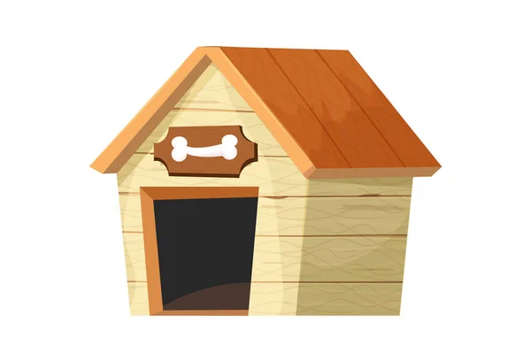 有趣的狗窝 木制的犬舍卡通风格孤立在白色的背景 带有屋顶的滑稽的孩子气的建筑和带有骨头的碗 矢量说明 — 图库矢量图片