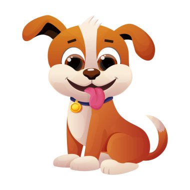 Köpek yavrusu, tasmalı, dilli ve komik kuyruklu şirin köpek yavrusu beyaz arka planda izole edilmiş. Vektör illüstrasyonu