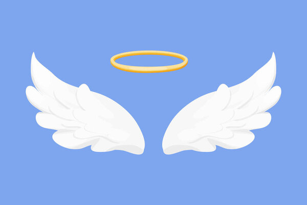Angel wings white with halo, nimbus in cartoon style isolated on blue background, design element for decoration. Vector illustration