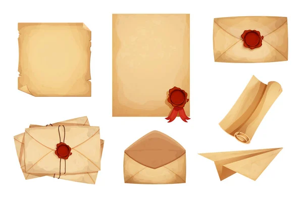 Set Vintage Magische Envelop Brieven Perkament Papier Scroll Met Rode — Stockvector