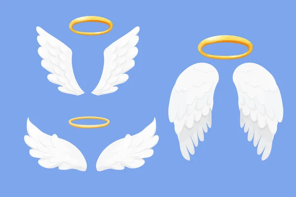 Set Angel Wings White Halo Nimbus Cartoon Style Isolated Blue — Stock Vector