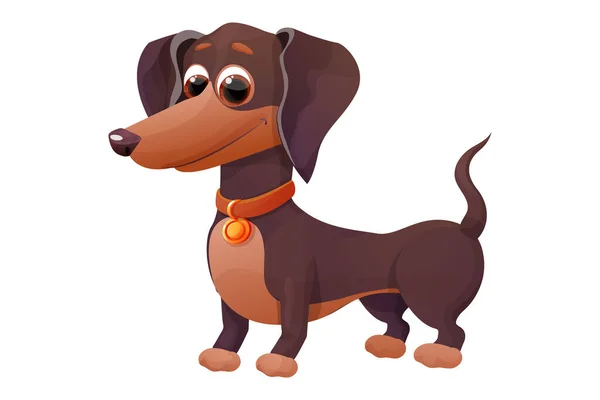 Lindo Cachorro Salchicha Pie Sonriendo Estilo Dibujos Animados Personaje Mascota — Vector de stock