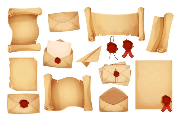 Set Vintage Magische Envelop Brieven Perkament Papier Scroll Met Rode — Stockvector