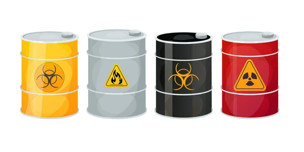 stock vector Set Metal barrels with toxic, dangerous signs in cartoon style isolated on white background. Radioactive, flammable. Vector illustration